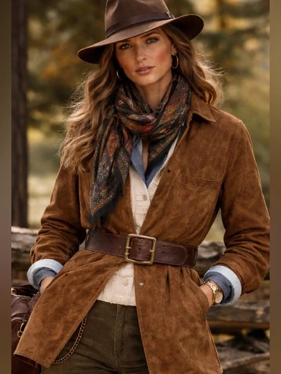 Brown Suede Coat Jacket M Button Down Collar Vtg La Vogue Leather Extra Long Tan - Picture 1 of 7